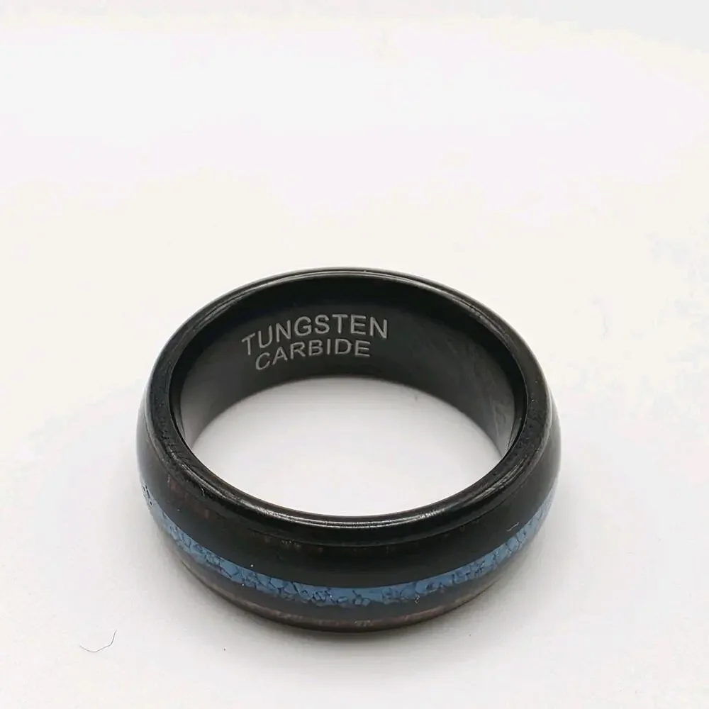 Black Tungsten Ring Men's Wood Wedding Band with Turquoise Inlay Ring Size 7.5